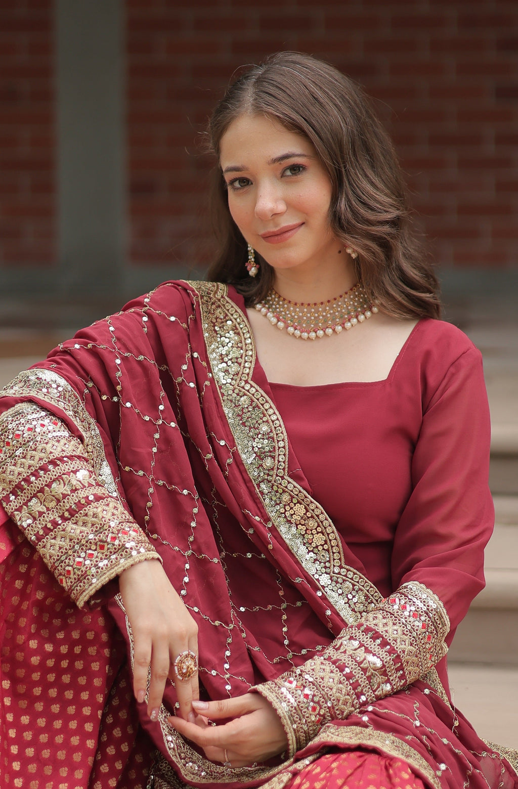 Vedant Vastram Heavy Embroidery & Sequins Work Pure Georgette Top Sharara Set With Dupatta - Maroon - Distacart