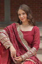 Vedant Vastram Heavy Embroidery & Sequins Work Pure Georgette Top Sharara Set With Dupatta - Maroon - Distacart