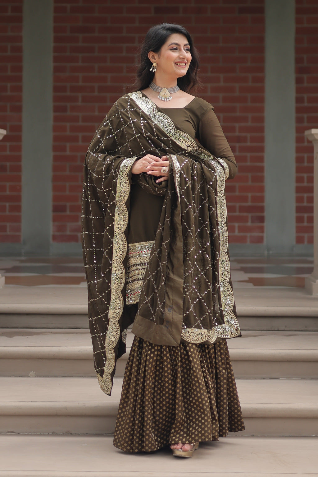 Vedant Vastram Heavy Embroidery & Sequins Work Pure Georgette Top Sharara Set With Dupatta - Mehendi - Distacart