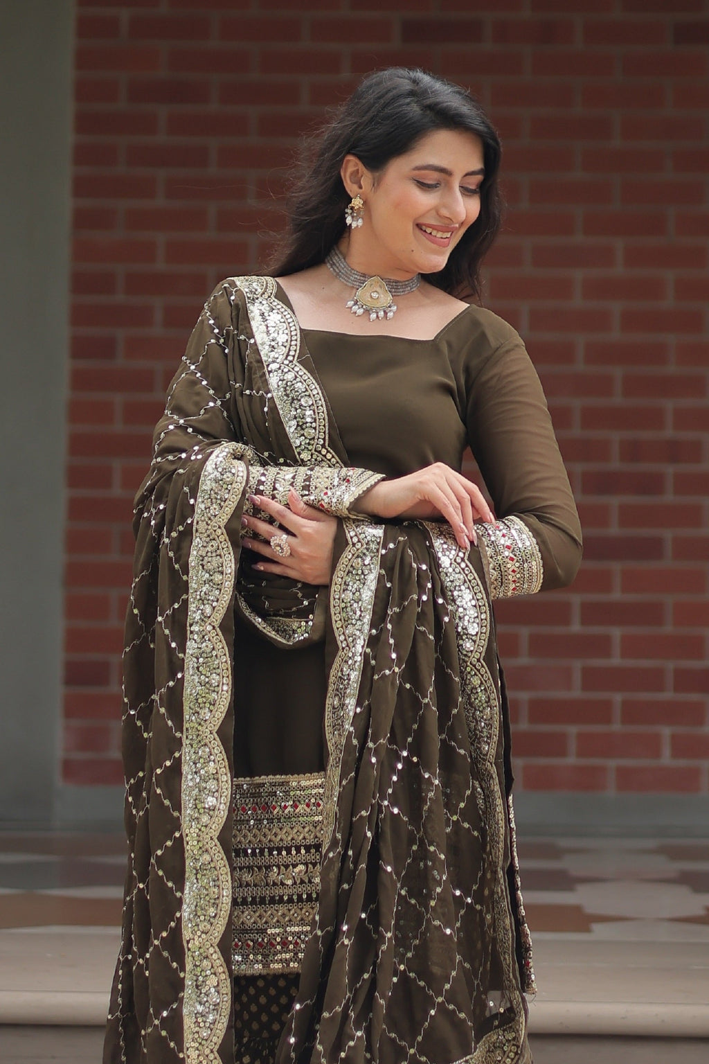 Vedant Vastram Heavy Embroidery & Sequins Work Pure Georgette Top Sharara Set With Dupatta - Mehendi - Distacart