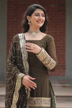 Vedant Vastram Heavy Embroidery & Sequins Work Pure Georgette Top Sharara Set With Dupatta - Mehendi - Distacart