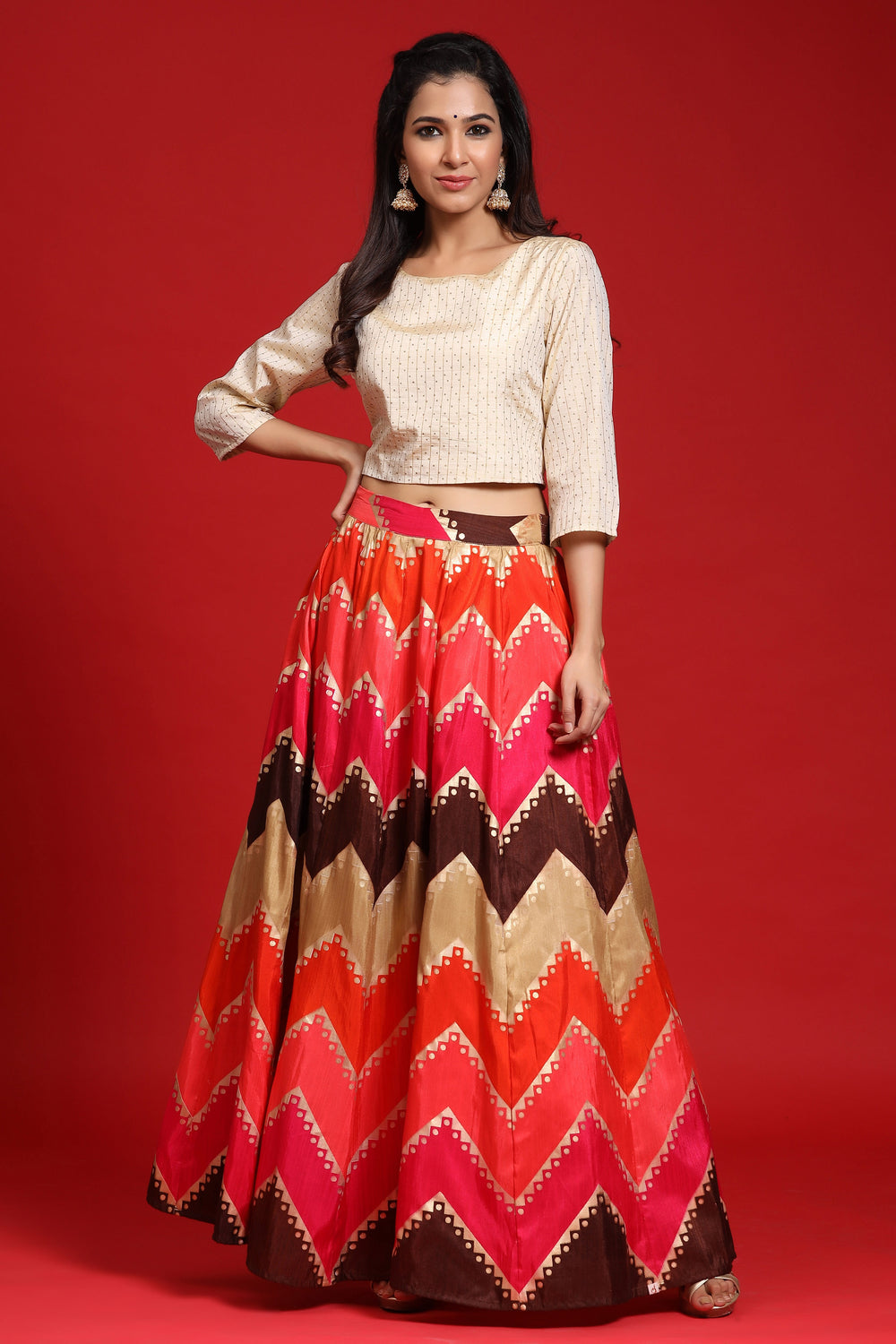 Juniper Women`s Coral Silk Crepe Printed Flared Lehenga Choli Sets - Distacart