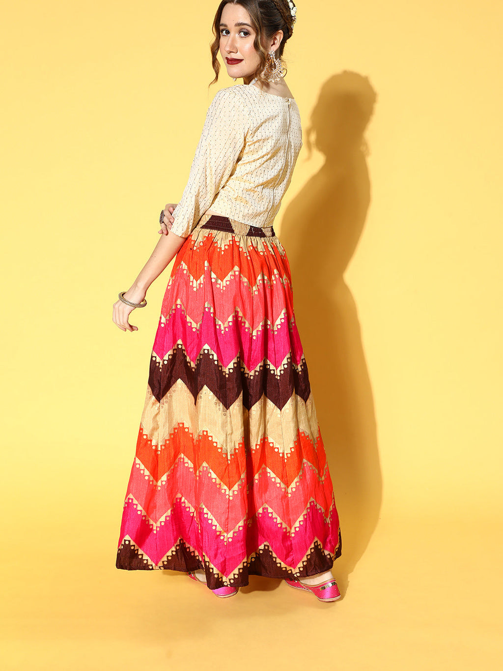 Juniper Women Coral Silk Crepe Printed Flared Lehenga Choli Sets - Distacart