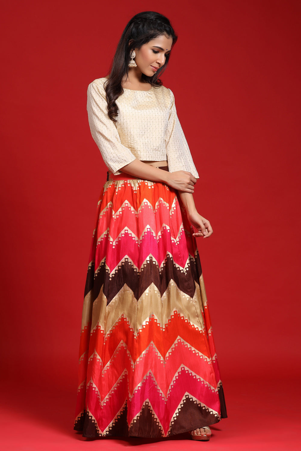 Juniper Women`s Coral Silk Crepe Printed Flared Lehenga Choli Sets - Distacart