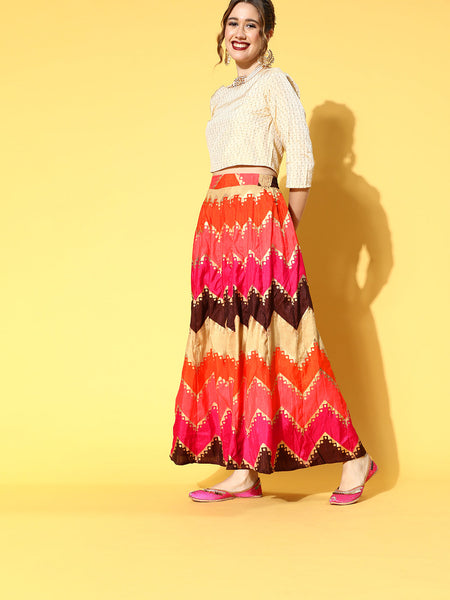 Juniper Women Coral Silk Crepe Printed Flared Lehenga Choli Sets