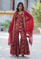 Vedant Vastram Heavy Embroidery & Sequins Work Pure Georgette Top Sharara Set With Dupatta - Maroon - Distacart