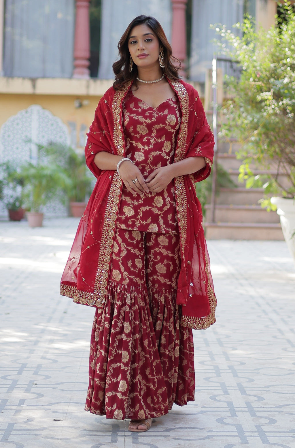 Vedant Vastram Heavy Embroidery & Sequins Work Pure Georgette Top Sharara Set With Dupatta - Maroon - Distacart