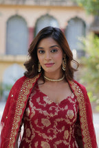 Vedant Vastram Heavy Embroidery & Sequins Work Pure Georgette Top Sharara Set With Dupatta - Maroon - Distacart