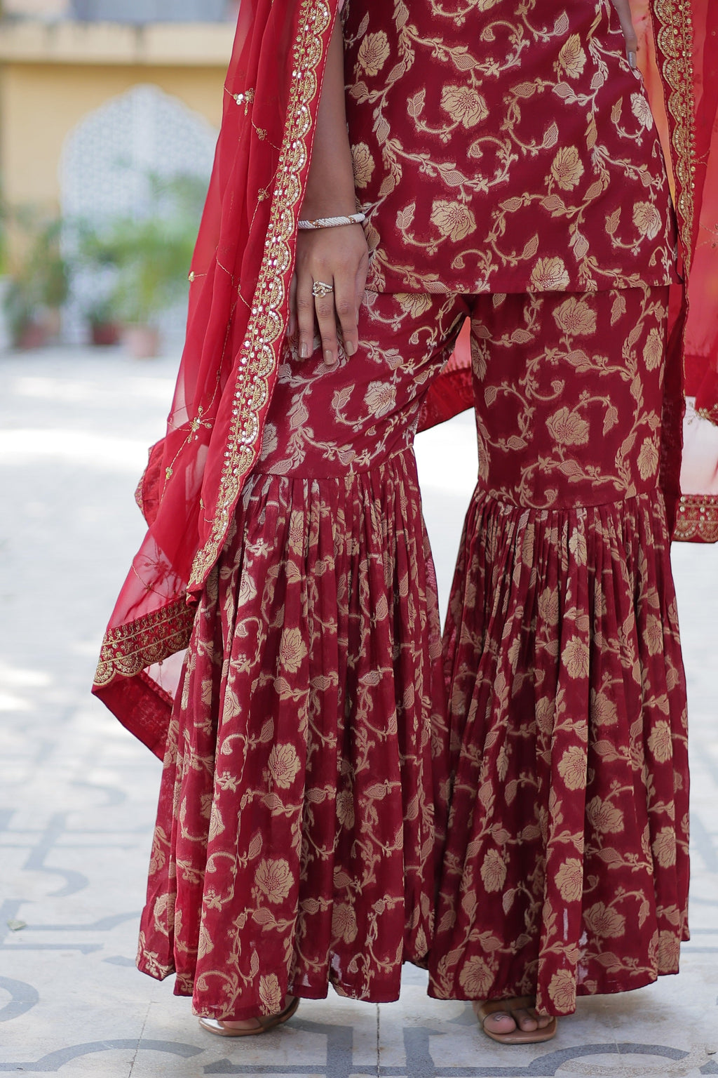 Vedant Vastram Heavy Embroidery & Sequins Work Pure Georgette Top Sharara Set With Dupatta - Maroon - Distacart