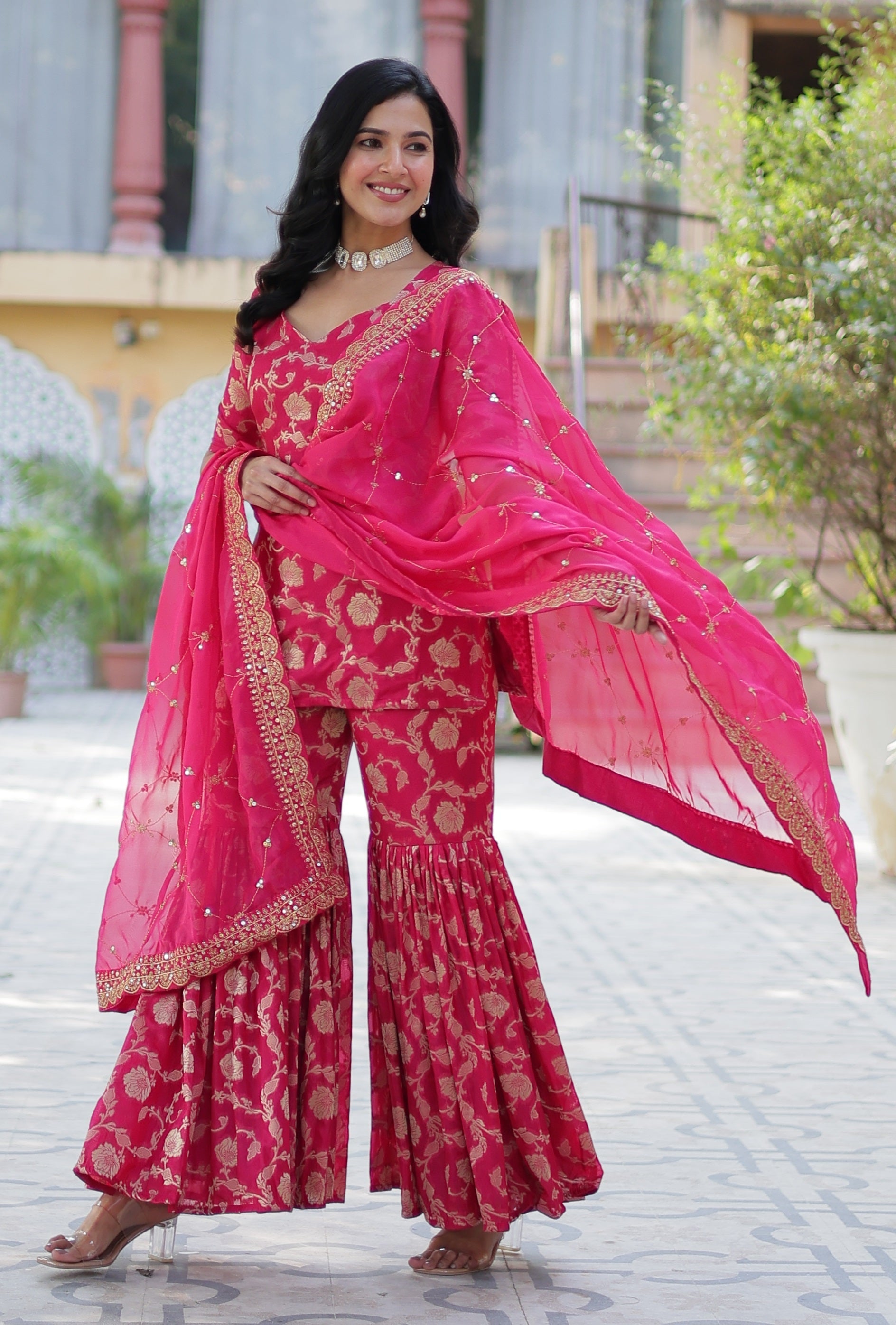 Vedant Vastram Heavy Embroidery & Sequins Work Pure Georgette Top Sharara Set With Dupatta - Pink - Distacart