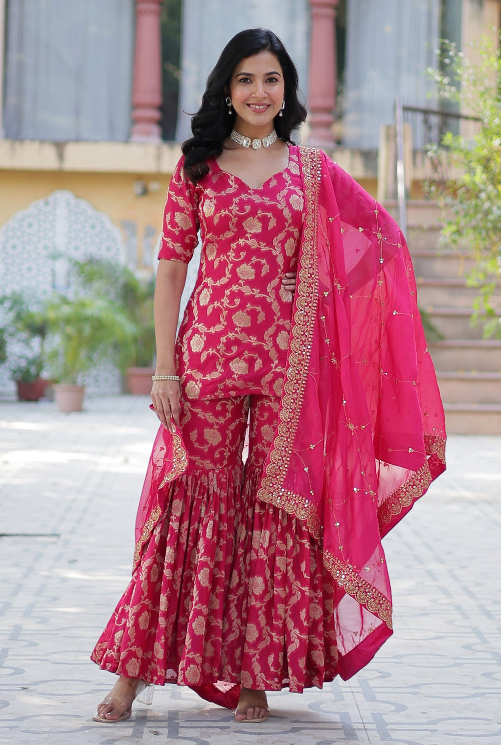 Vedant Vastram Heavy Embroidery & Sequins Work Pure Georgette Top Sharara Set With Dupatta - Pink - Distacart