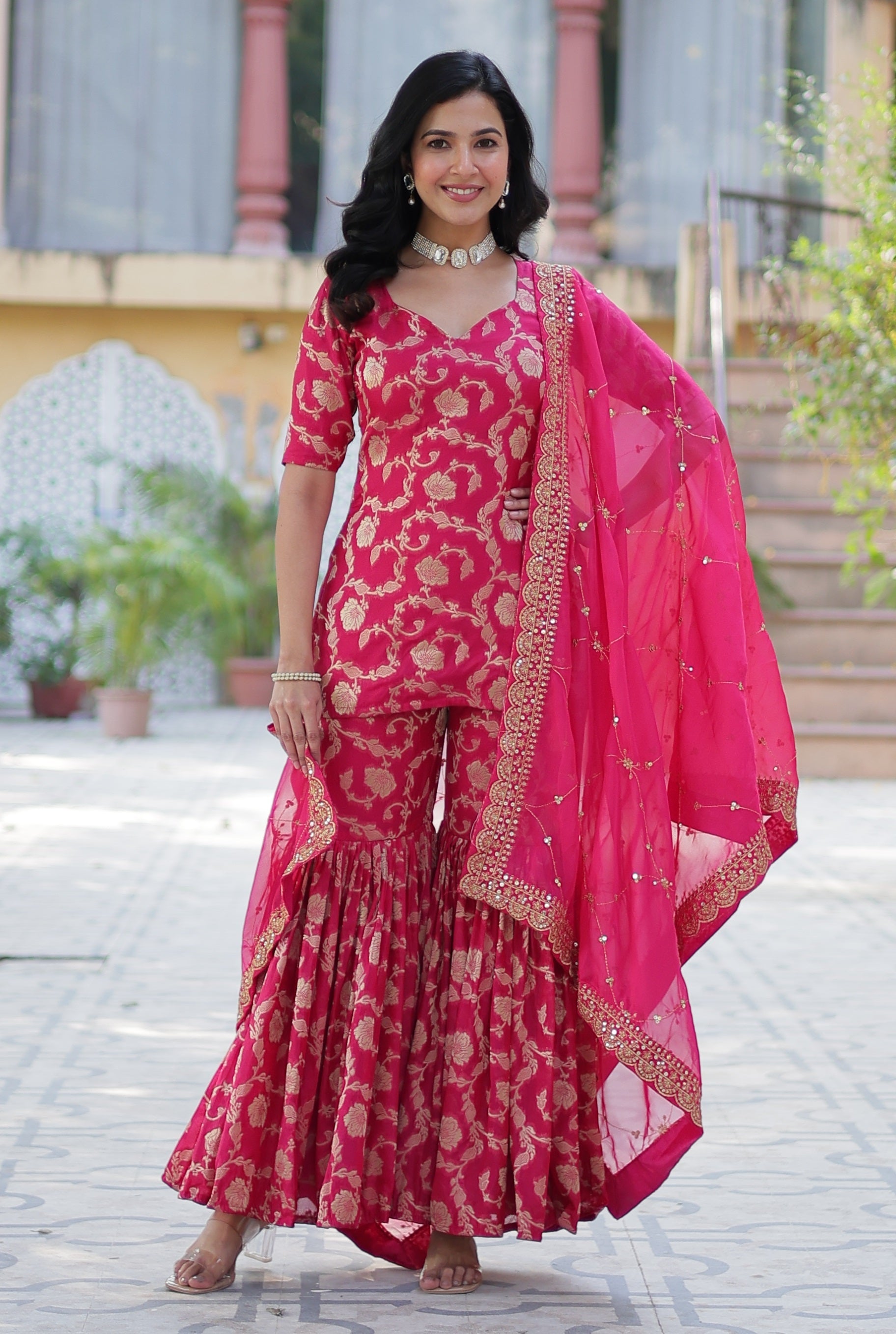 Vedant Vastram Heavy Embroidery & Sequins Work Pure Georgette Top Sharara Set With Dupatta - Pink - Distacart