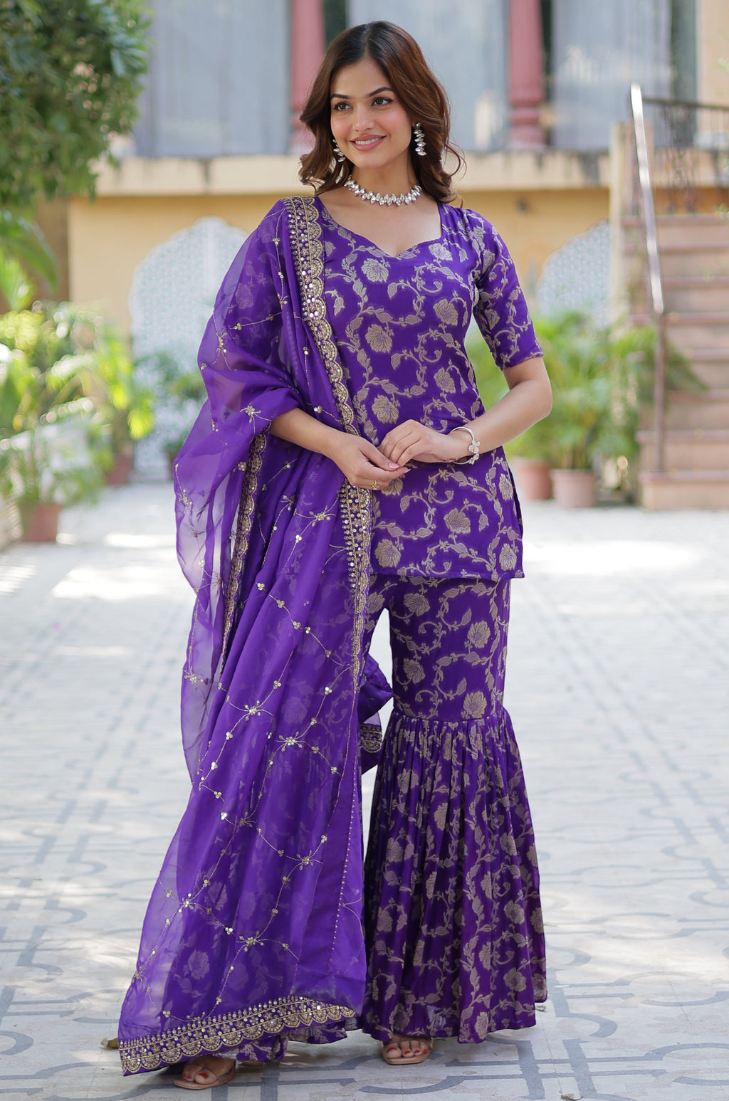 Vedant Vastram Heavy Embroidery & Sequins Work Pure Georgette Top Sharara Set With Dupatta - Violet - Distacart