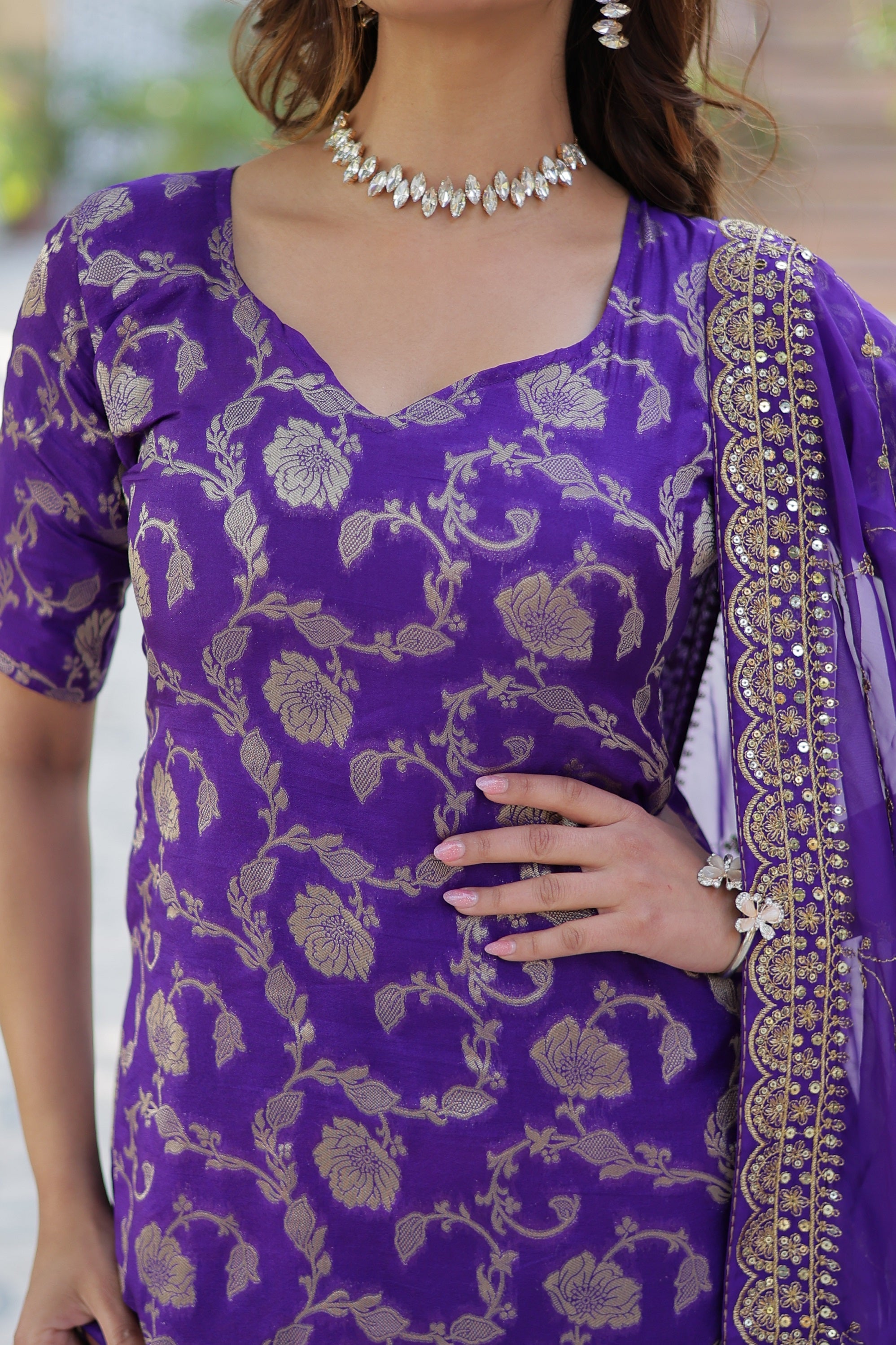 Vedant Vastram Heavy Embroidery & Sequins Work Pure Georgette Top Sharara Set With Dupatta - Violet - Distacart