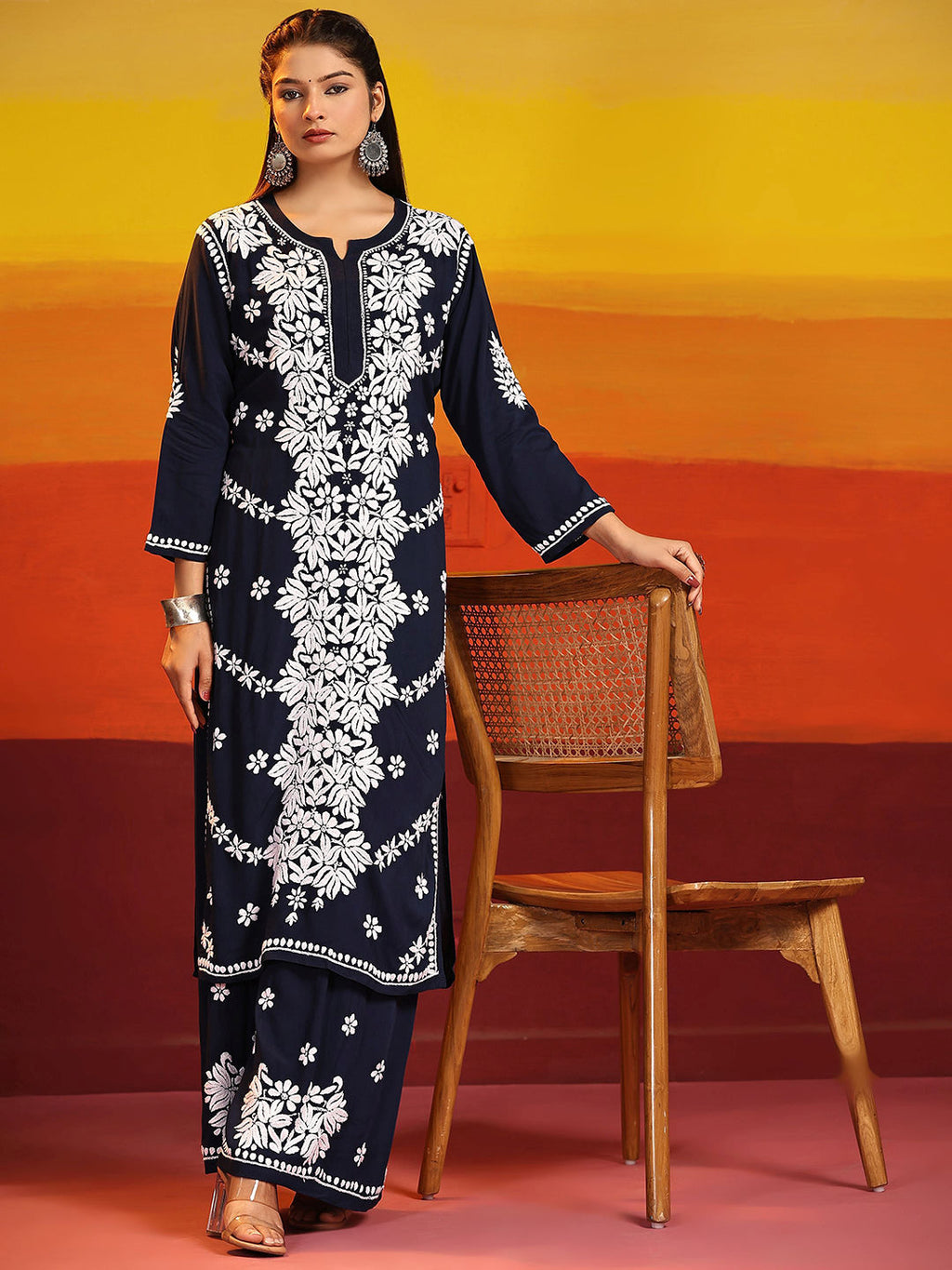 HOUSE OF KARI Ethnic Motifs Embroidered Chikankari Cotton Kurta & Palazzos