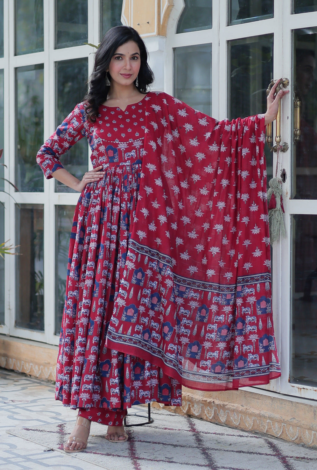 Vedant Vastram Printed Pure Cotton Kurti Pant Set With Dupatta - Maroon