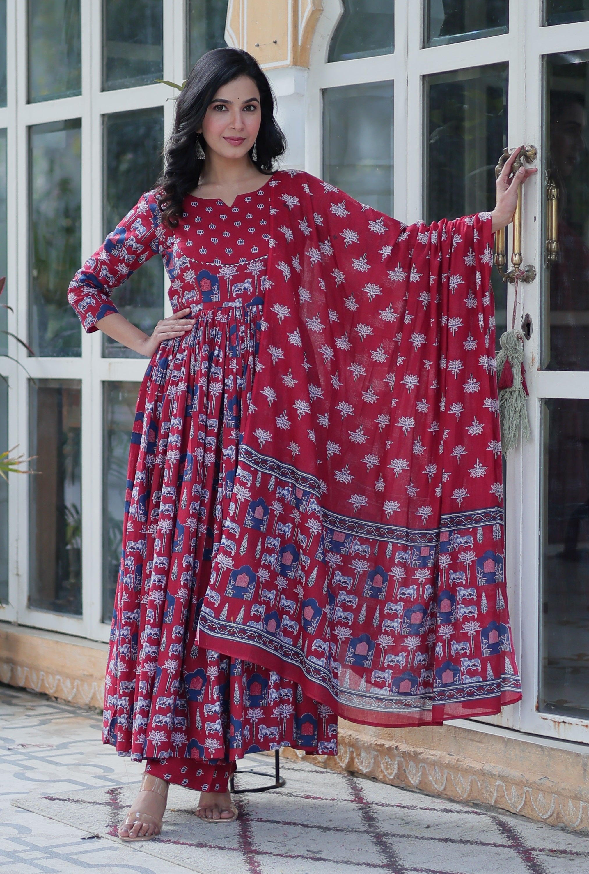 Vedant Vastram Printed Pure Cotton Kurti Pant Set With Dupatta - Maroon