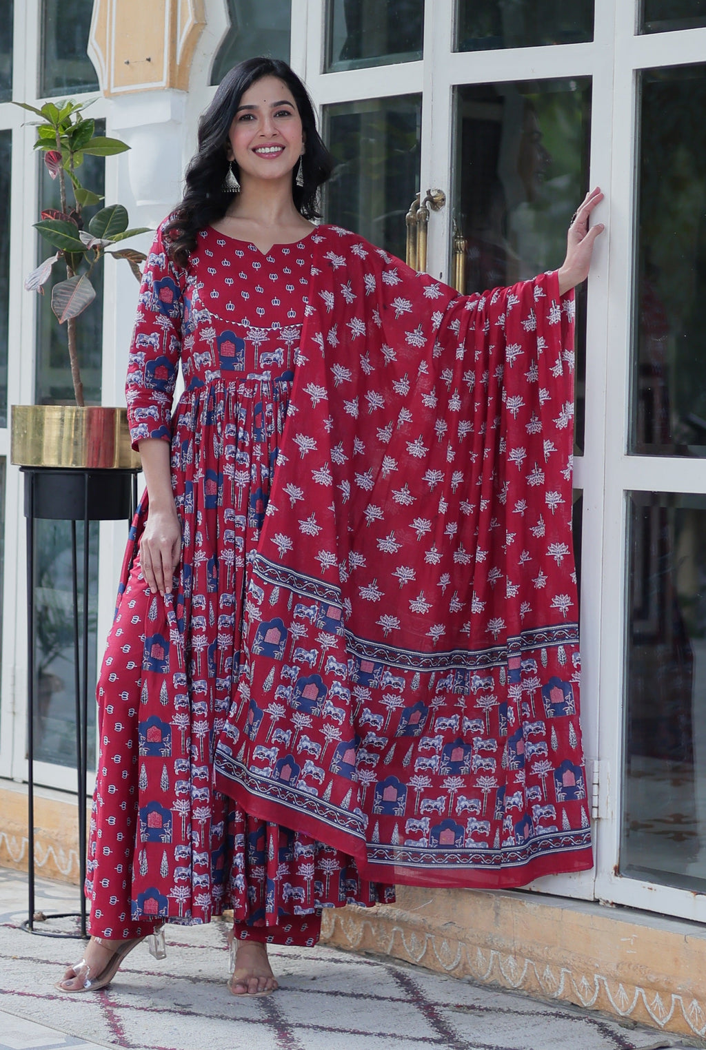 Vedant Vastram Printed Pure Cotton Kurti Pant Set With Dupatta - Maroon