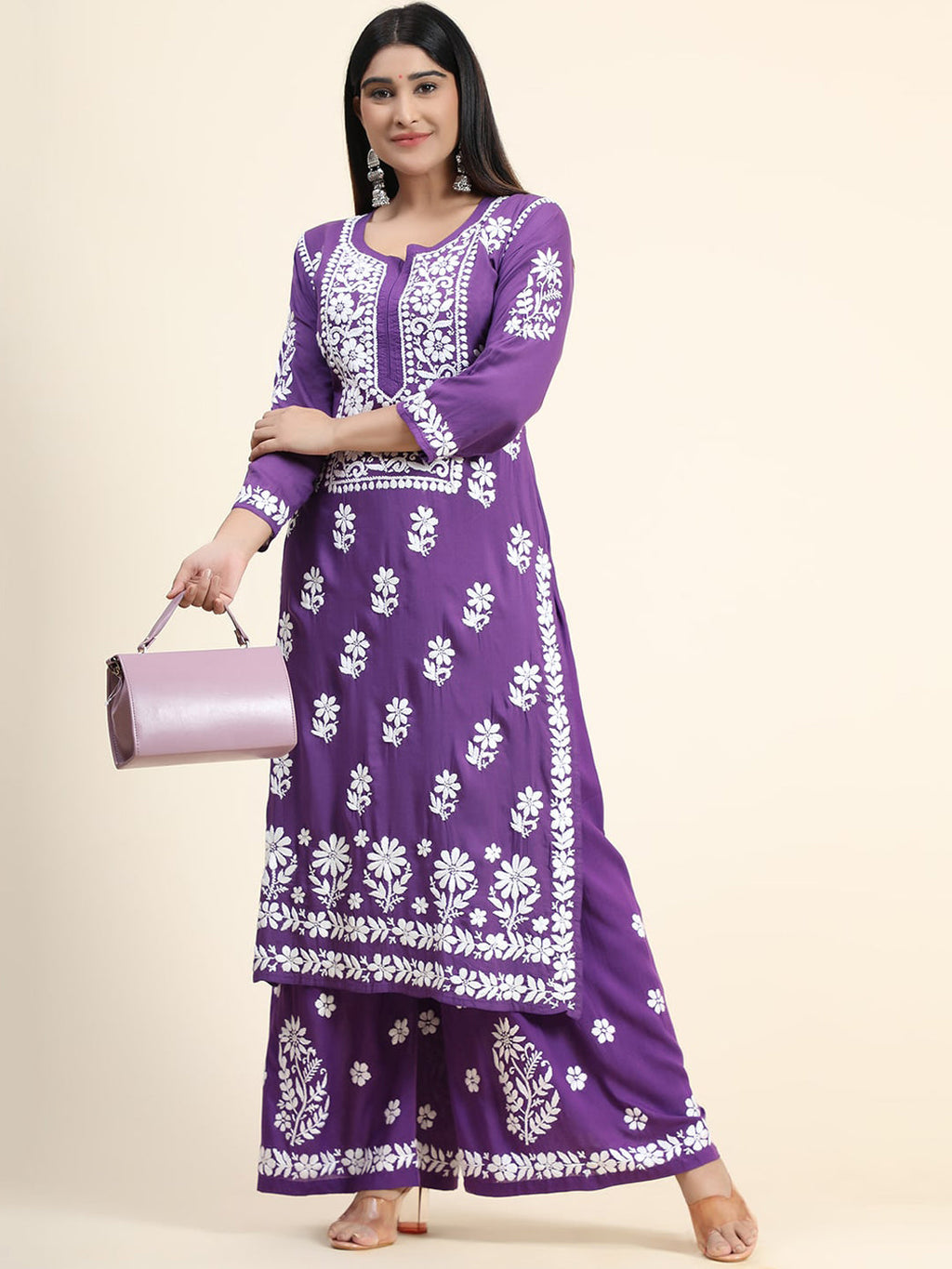HOUSE OF KARI Women Purple Floral Embroidered Chikankari Pure Cotton Kurta with Palazzos