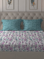MYTRIDENT Violet White Floral Cotton 144 TC Queen Bedsheet With 2 Pillow Covers - Distacart