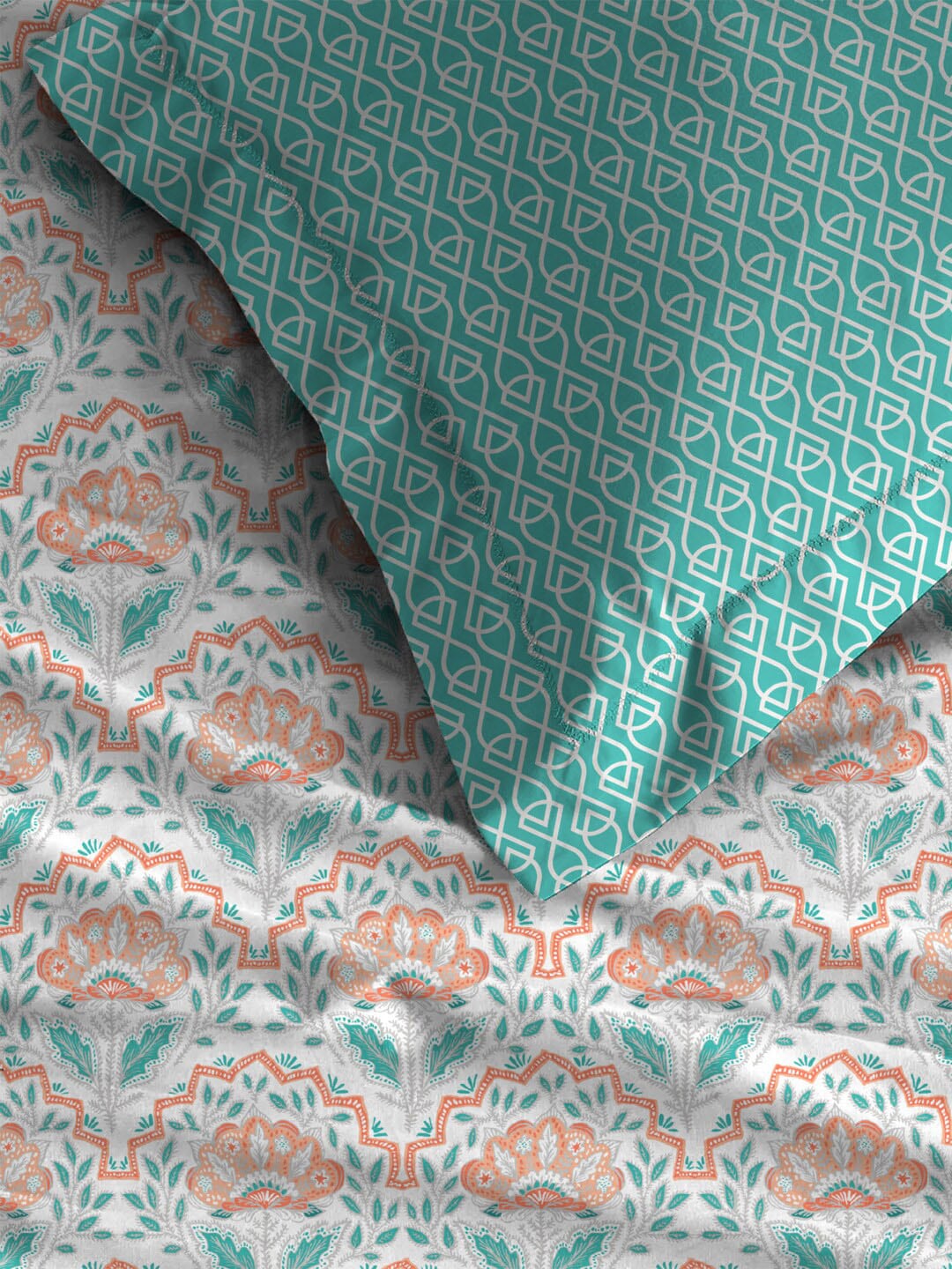 MYTRIDENT Orange Blue Ethnic Motifs Pure Cotton 120 TC Queen Bedsheet With 2 Pillow Covers