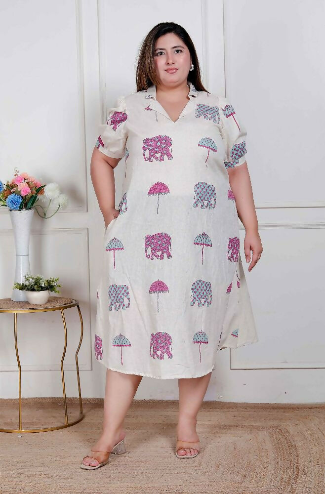 Miravan Plus Size Womens Flex Cotton Short Sleeve Off White Animal Print A-Line Maxi Dress