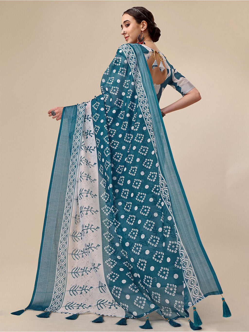 Sangria Teal & White Floral Printed Pure Linen Saree - Distacart