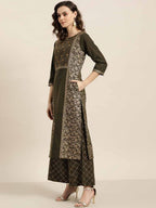 Sangria Women Olive Green & Golden Printed Kurta with Palazzos & Dupatta