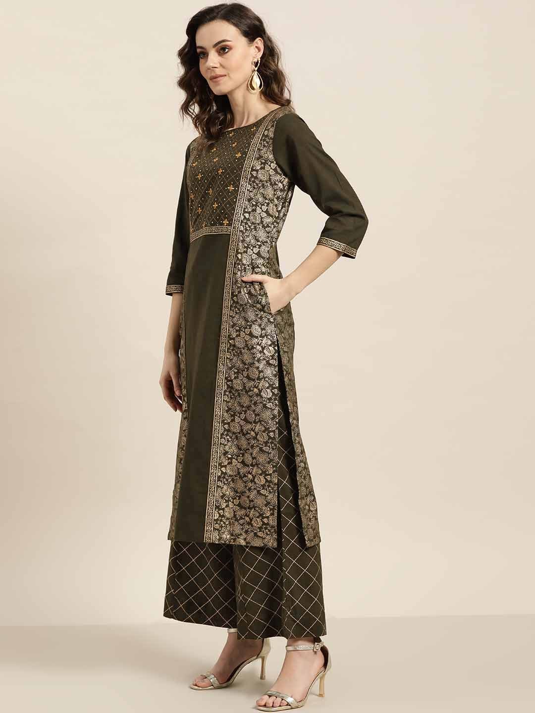 Sangria Women Olive Green & Golden Printed Kurta with Palazzos & Dupatta