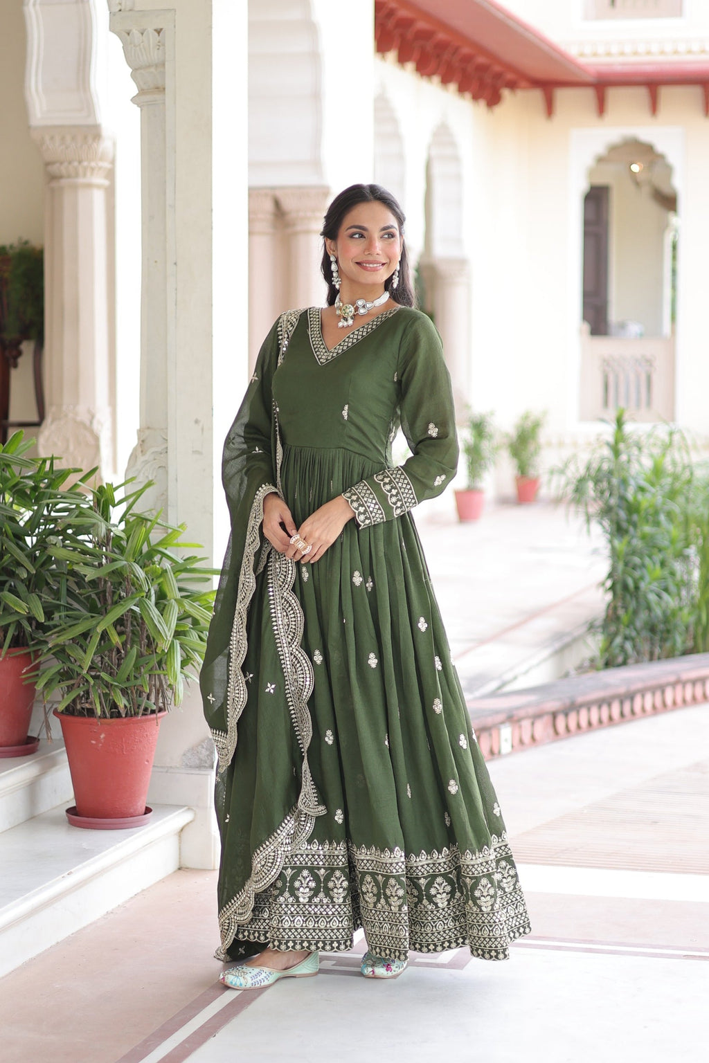 Lorenvalley Fashion Mehendi Vichitra Silk with Rich Sequins & Zari Embroidered work Anarkali Gown with Dupatta - Distacart