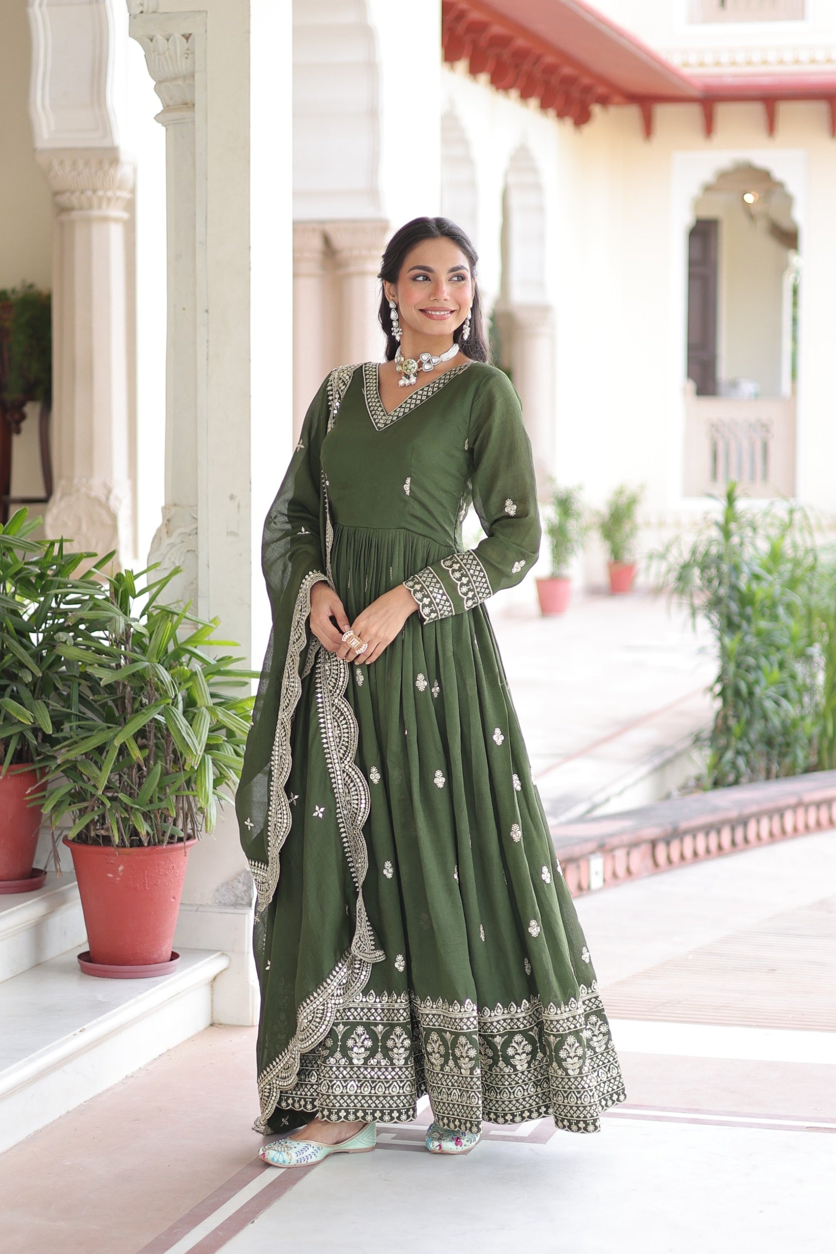 Lorenvalley Fashion Mehendi Vichitra Silk with Rich Sequins & Zari Embroidered work Anarkali Gown with Dupatta - Distacart
