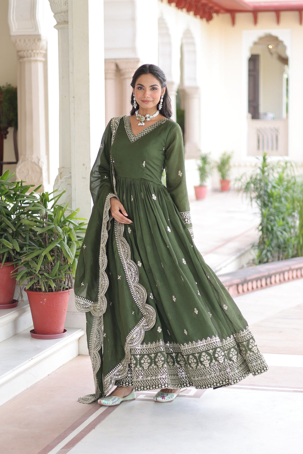 Lorenvalley Fashion Mehendi Vichitra Silk with Rich Sequins & Zari Embroidered work Anarkali Gown with Dupatta - Distacart