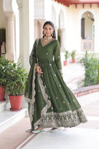Lorenvalley Fashion Mehendi Vichitra Silk with Rich Sequins & Zari Embroidered work Anarkali Gown with Dupatta - Distacart