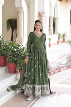 Lorenvalley Fashion Mehendi Vichitra Silk with Rich Sequins & Zari Embroidered work Anarkali Gown with Dupatta - Distacart