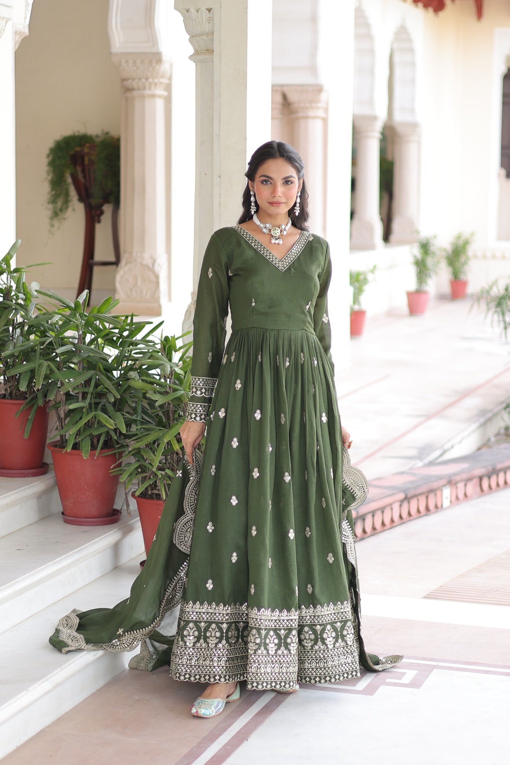 Lorenvalley Fashion Mehendi Vichitra Silk with Rich Sequins & Zari Embroidered work Anarkali Gown with Dupatta - Distacart