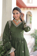 Lorenvalley Fashion Mehendi Vichitra Silk with Rich Sequins & Zari Embroidered work Anarkali Gown with Dupatta - Distacart