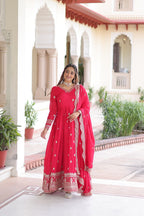 Lorenvalley Fashion Pink Vichitra Silk with Rich Sequins & Zari Embroidered work Anarkali Gown with Dupatta - Distacart