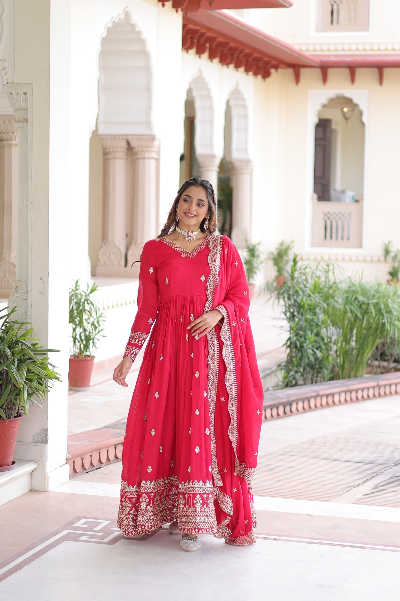 Lorenvalley Fashion Pink Vichitra Silk with Rich Sequins & Zari Embroidered work Anarkali Gown with Dupatta - Distacart