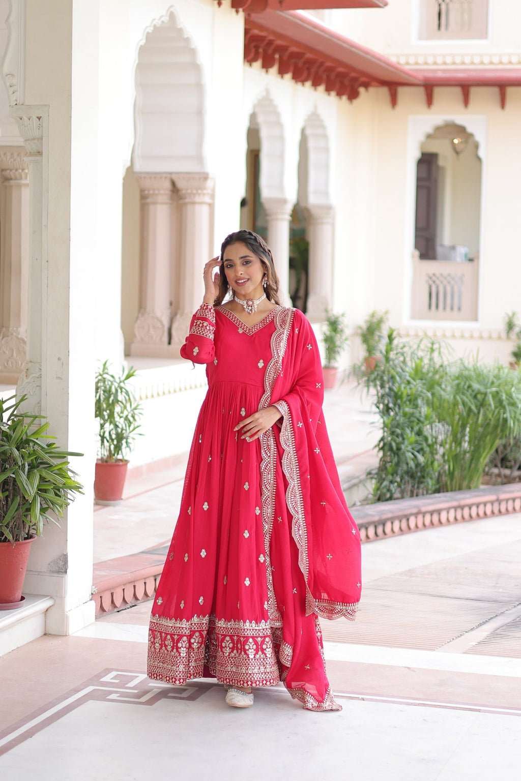 Lorenvalley Fashion Pink Vichitra Silk with Rich Sequins & Zari Embroidered work Anarkali Gown with Dupatta - Distacart