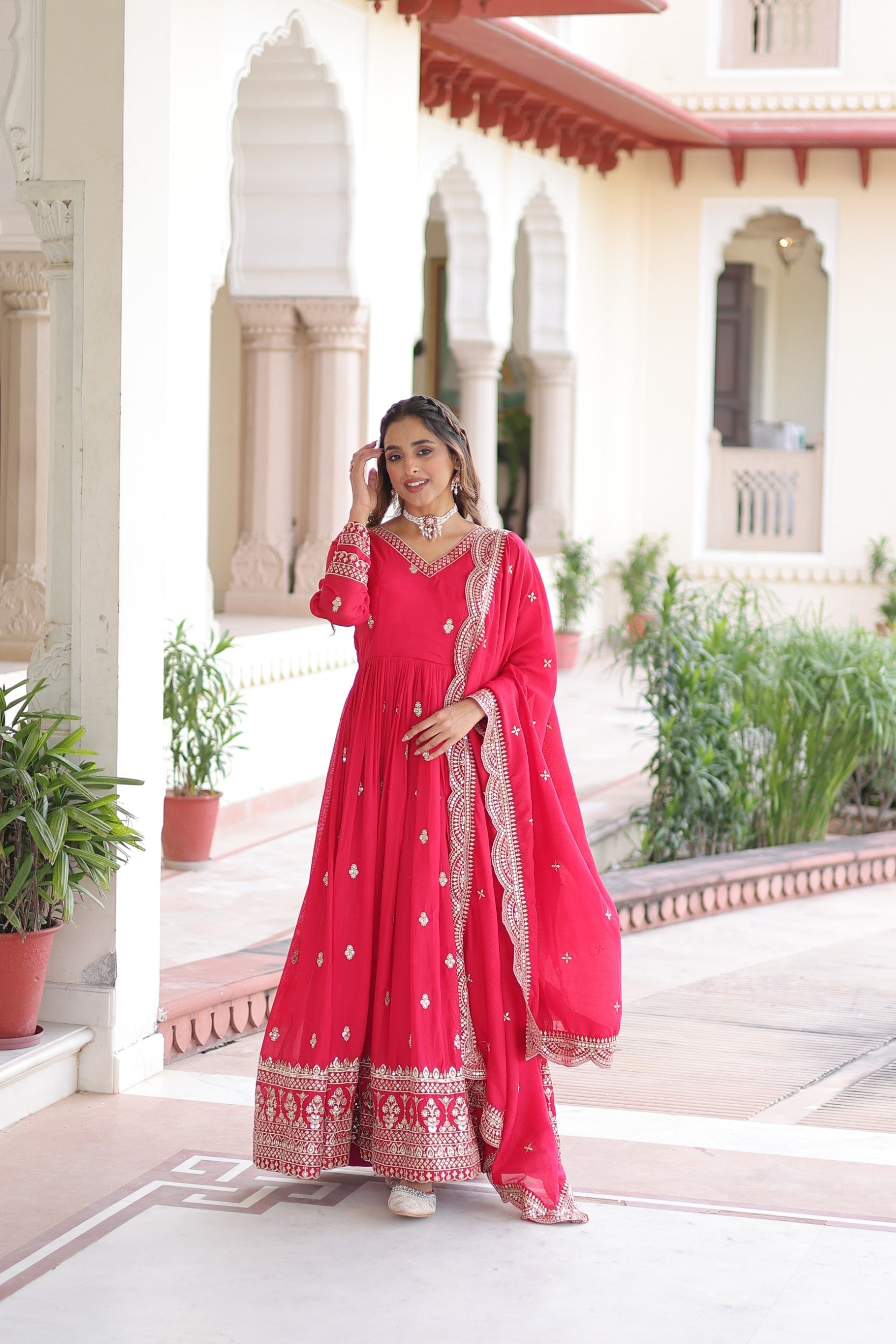 Lorenvalley Fashion Pink Vichitra Silk with Rich Sequins & Zari Embroidered work Anarkali Gown with Dupatta - Distacart