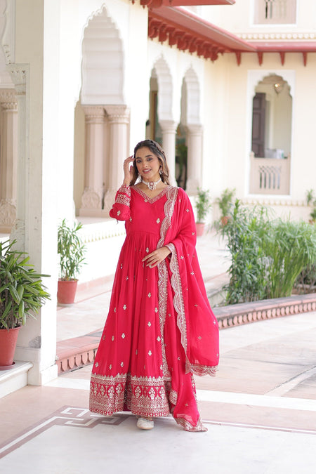 Lorenvalley Fashion Pink Vichitra Silk with Rich Sequins & Zari Embroidered work Anarkali Gown with Dupatta