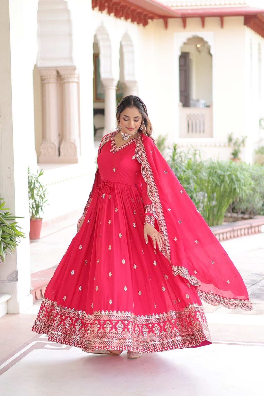 Lorenvalley Fashion Pink Vichitra Silk with Rich Sequins & Zari Embroidered work Anarkali Gown with Dupatta - Distacart