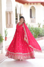 Lorenvalley Fashion Pink Vichitra Silk with Rich Sequins & Zari Embroidered work Anarkali Gown with Dupatta - Distacart