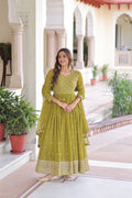 Lorenvalley Fashion Mehendi Faux Georgette with Rich Sequins & Zari Embroidered work Anarkali Gown with Dupatta - Distacart