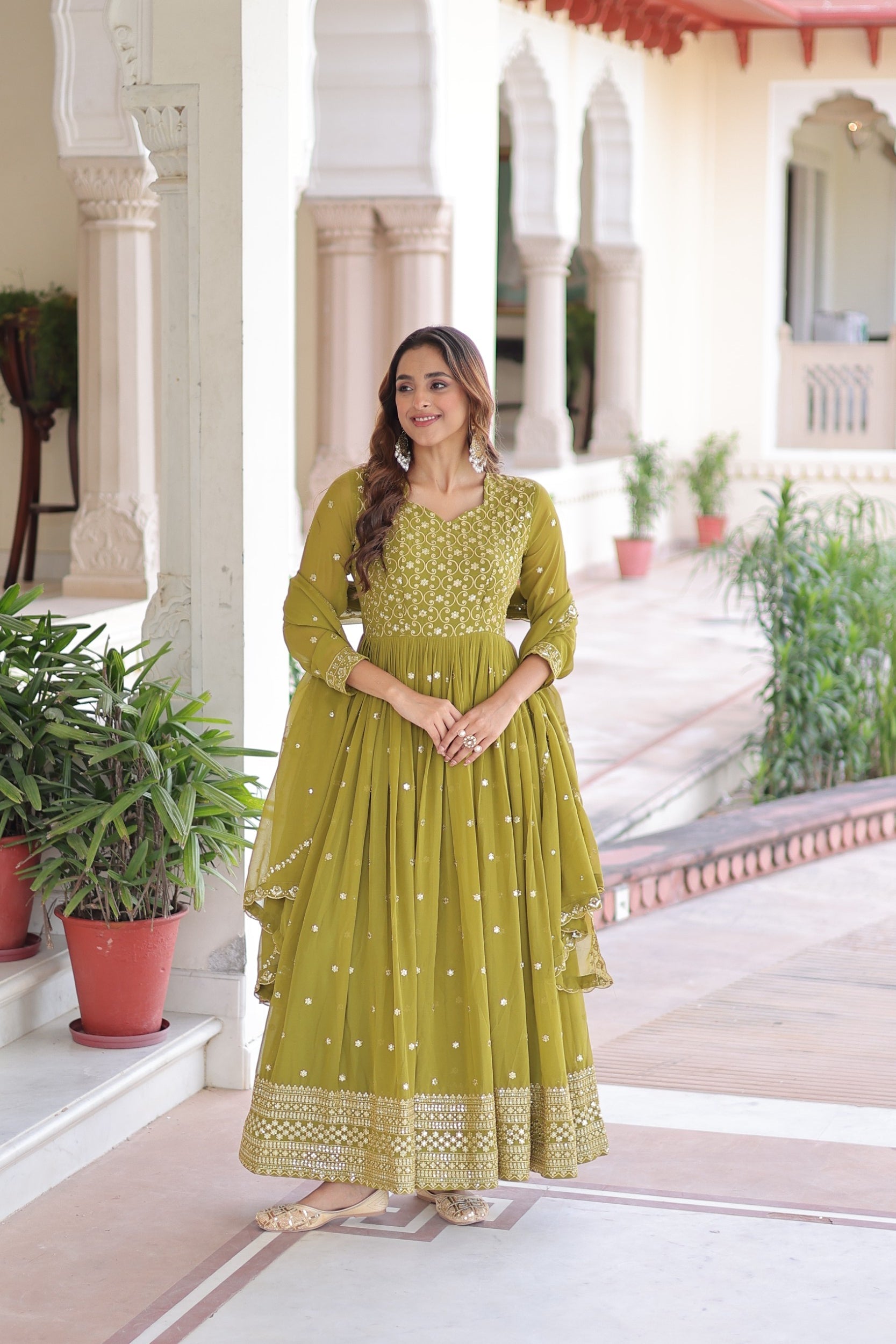 Lorenvalley Fashion Mehendi Faux Georgette with Rich Sequins & Zari Embroidered work Anarkali Gown with Dupatta - Distacart