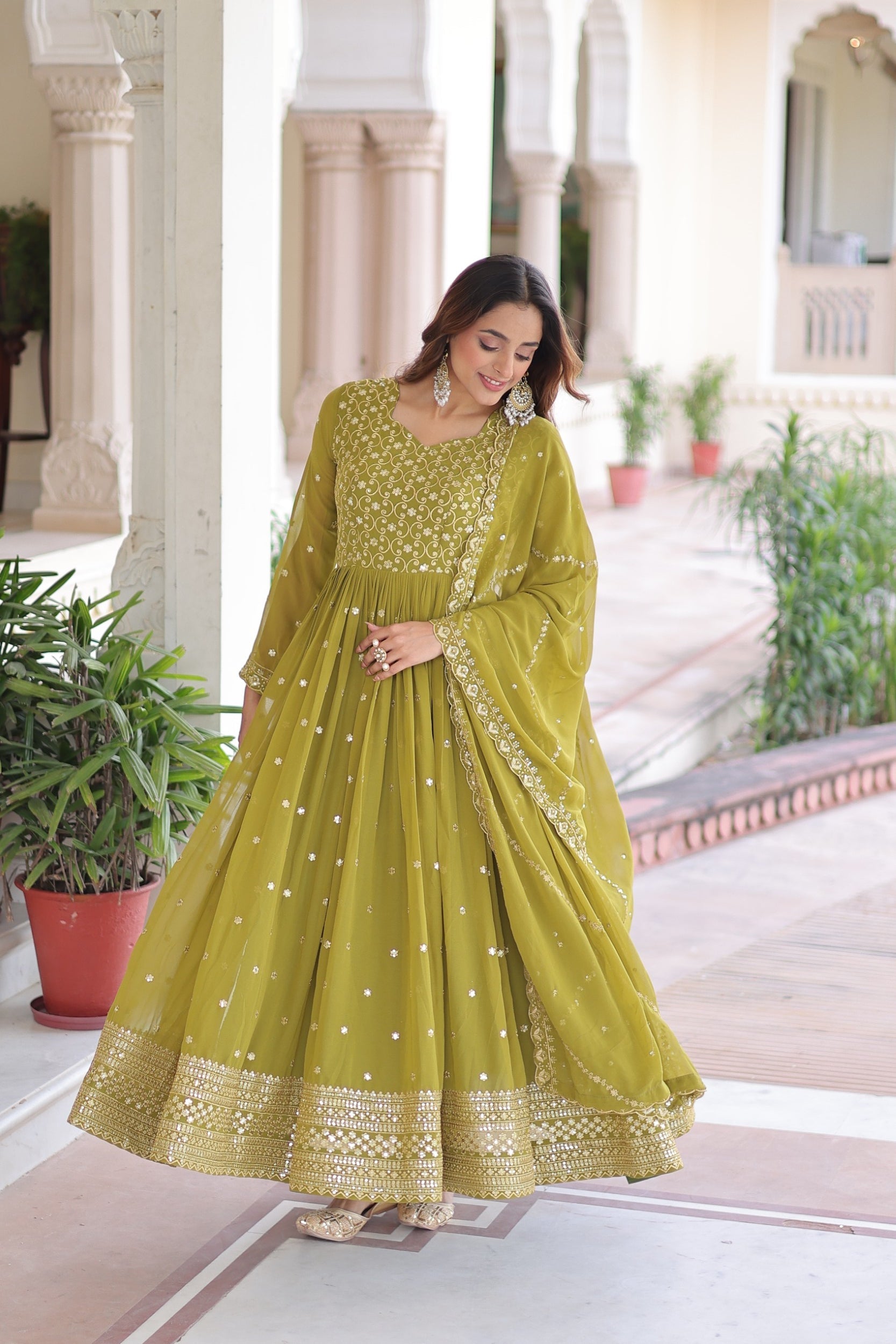 Lorenvalley Fashion Mehendi Faux Georgette with Rich Sequins & Zari Embroidered work Anarkali Gown with Dupatta - Distacart