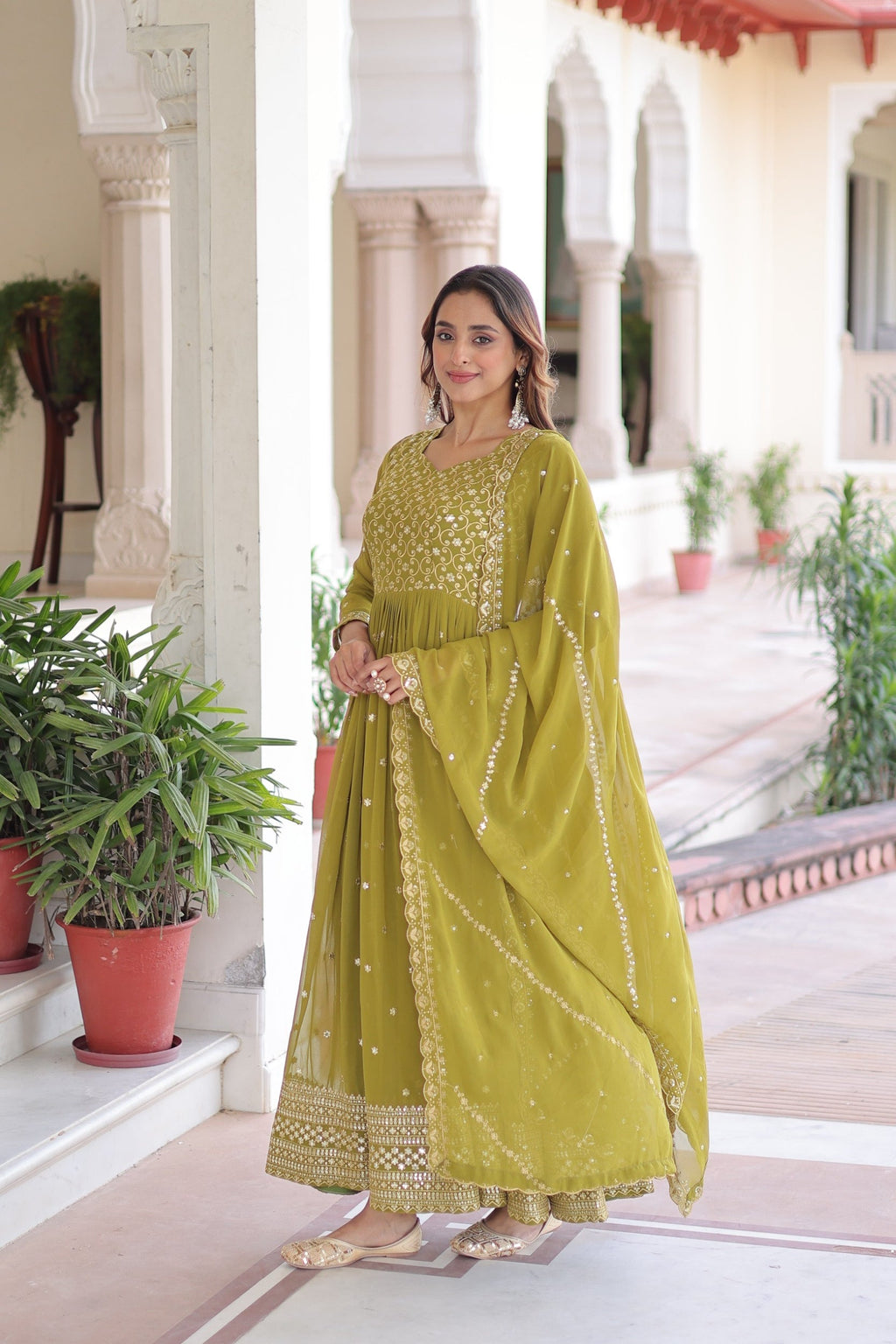 Lorenvalley Fashion Mehendi Faux Georgette with Rich Sequins & Zari Embroidered work Anarkali Gown with Dupatta - Distacart