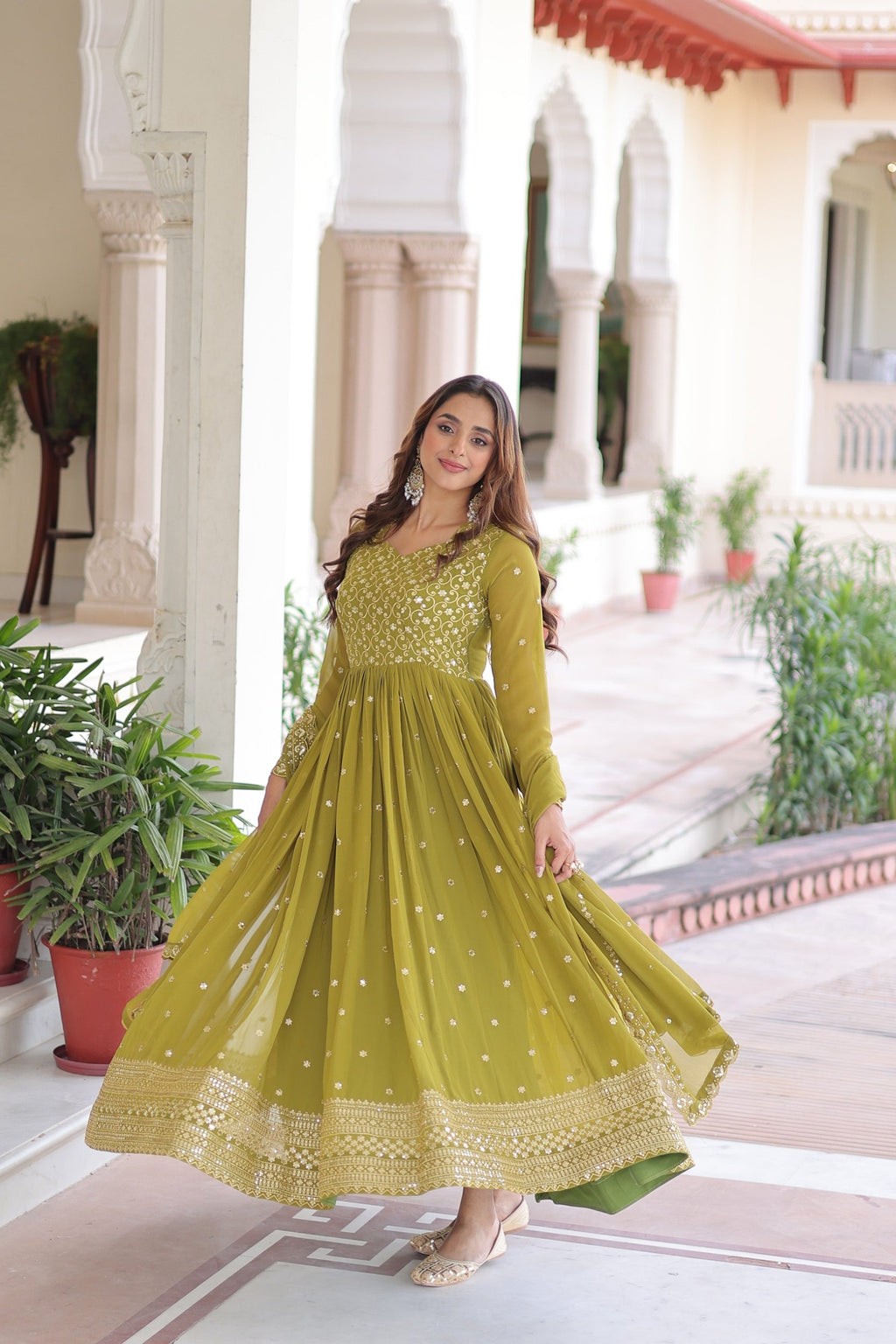 Lorenvalley Fashion Mehendi Faux Georgette with Rich Sequins & Zari Embroidered work Anarkali Gown with Dupatta - Distacart