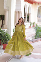 Lorenvalley Fashion Mehendi Faux Georgette with Rich Sequins & Zari Embroidered work Anarkali Gown with Dupatta - Distacart