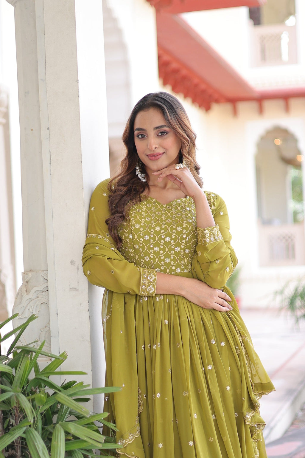 Lorenvalley Fashion Mehendi Faux Georgette with Rich Sequins & Zari Embroidered work Anarkali Gown with Dupatta - Distacart